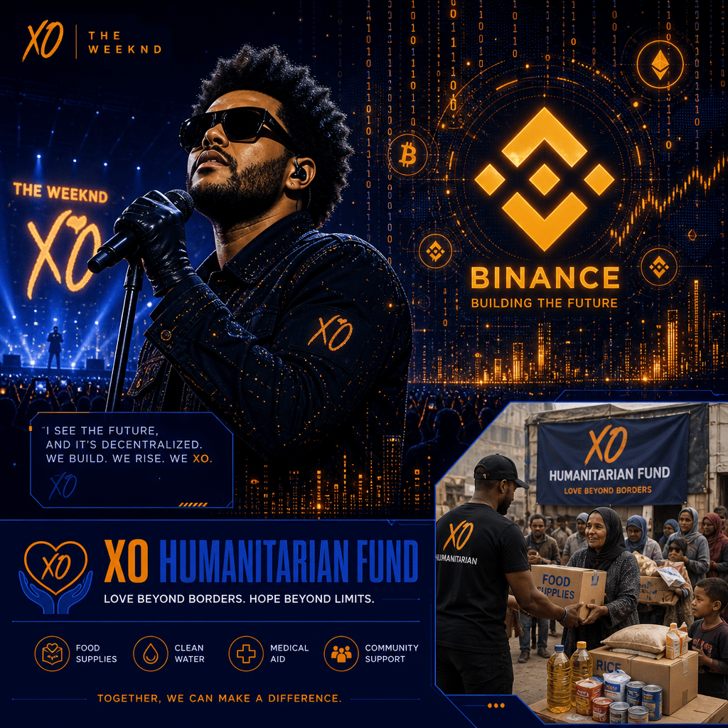 "Music artist The Weeknd performing on a stage illuminated by concert lights, embedded in a matrix-style digital data atmosphere adorned with prominent cryptocurrency symbols including a highlighted Binance logo, set against a Dark Blue (#000D43) background. A separate section captures humanitarian relief efforts featuring food supplies, emphasized by an 'XO Humanitarian Fund' banner in Midnight blue (#021B88). Key digital elements and cryptocurrency symbols are accentuated in vibrant Orange (#FF9811). Designed in an ideal 1200 x 628 pixels format."