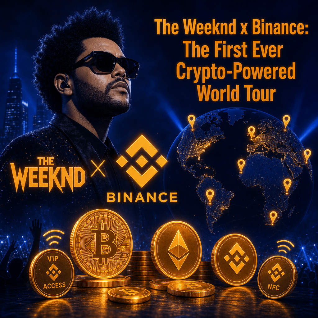 "The Weeknd and Binance logo against a midnight-blue concert stage backdrop, surrounded by representations of glowing orange crypto coins and NFC tokens, indicating a crypto partnership. A dark-blue globe with map pins symbolises a world tour. Bold, orange text reads, 'The Weeknd x Binance: The First Ever Crypto-Powered World Tour'."