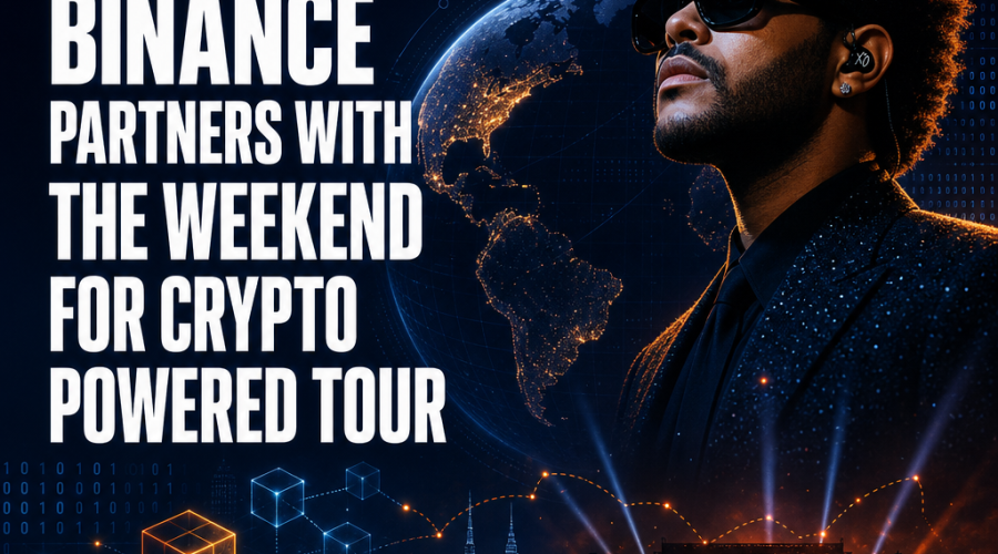 "Binance and The Weekend logos featured prominently on a midnight blue background for their Crypto Powered Tour, accented by abstract representations of digital technology, blockchain graphics, globe for world tour representation, and striking orange and dark blue concert lighting-inspired elements."