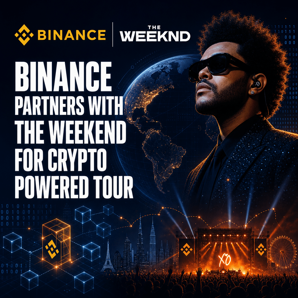 "Binance and The Weekend logos featured prominently on a midnight blue background for their Crypto Powered Tour, accented by abstract representations of digital technology, blockchain graphics, globe for world tour representation, and striking orange and dark blue concert lighting-inspired elements."