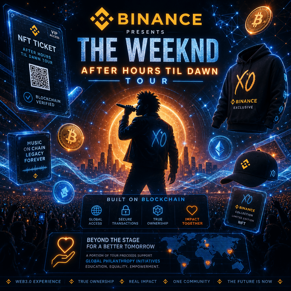 "SEO Alt-Text: Cryptocurrency-themed digital concert stage featuring silhouette of artist 'The Weekend' with microphone, surrounded by Bitcoin symbols, digital waves, NFT tickets and co-branded merchandise showcasing innovative blockchain technology. Prominent Binance logo and 'After Hours Til Dawn Tour' text amid a colorful blend of brand colors - orange and various shades of blue, embodying the fusion of music and philanthropy in a futuristic web 3.0 design, encapsulating excitement and innovation in the crypto world."