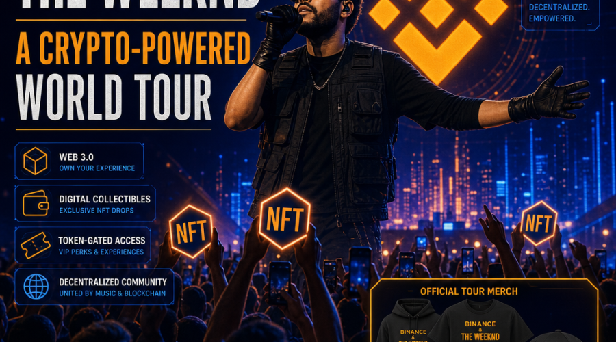 "Artist The Weekend performing on stage with a large Binance logo in the backdrop, NFT symbol being held by fans in the crowd, and a small image of co-branded tour merchandise. Vibrant features of Orange, Dark Blue, and Midnight Blue colors and Web 3.0 technology overlays give life to the 'Binance & The Weekend: A Crypto-Powered World Tour' event."