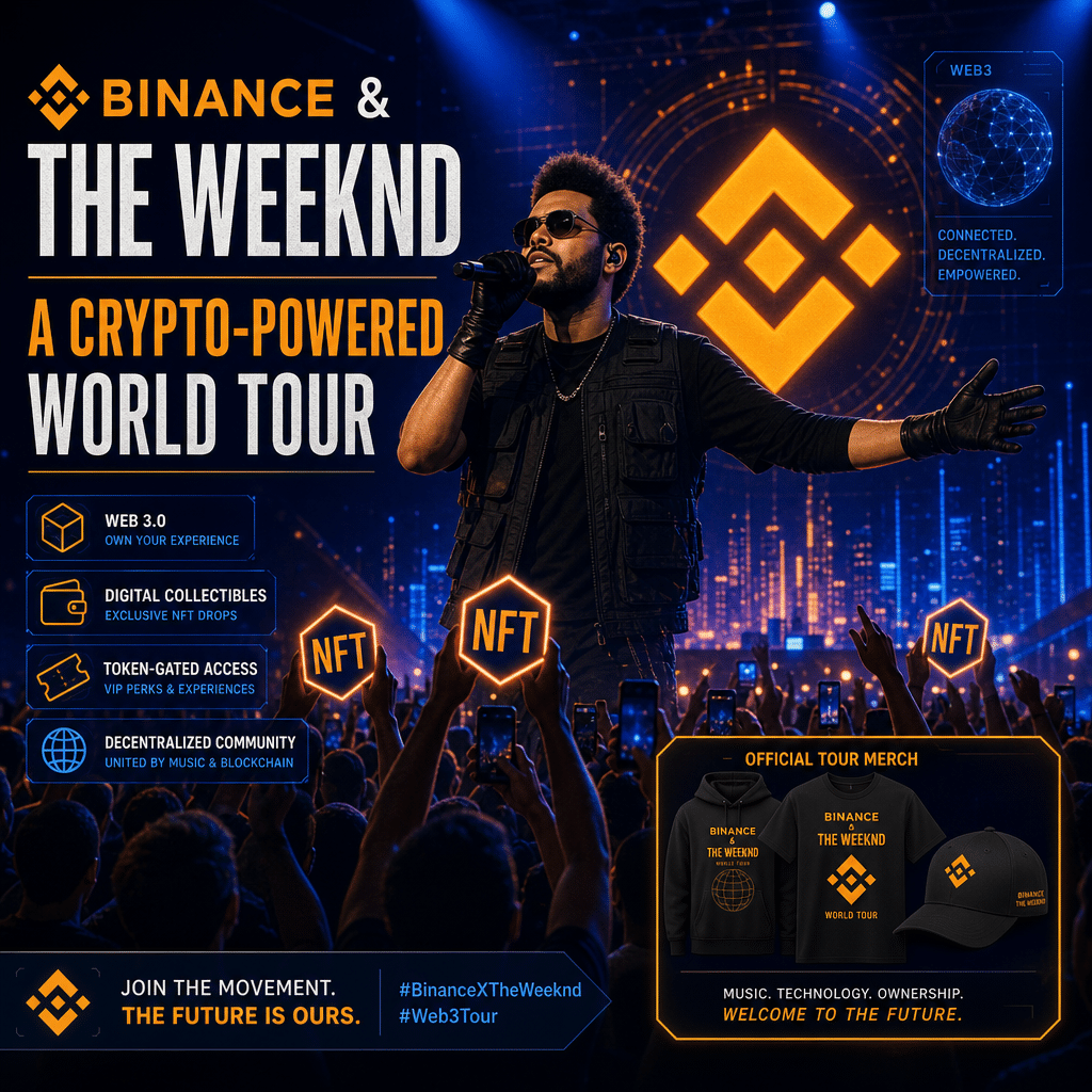 "Artist The Weekend performing on stage with a large Binance logo in the backdrop, NFT symbol being held by fans in the crowd, and a small image of co-branded tour merchandise. Vibrant features of Orange, Dark Blue, and Midnight Blue colors and Web 3.0 technology overlays give life to the 'Binance & The Weekend: A Crypto-Powered World Tour' event."