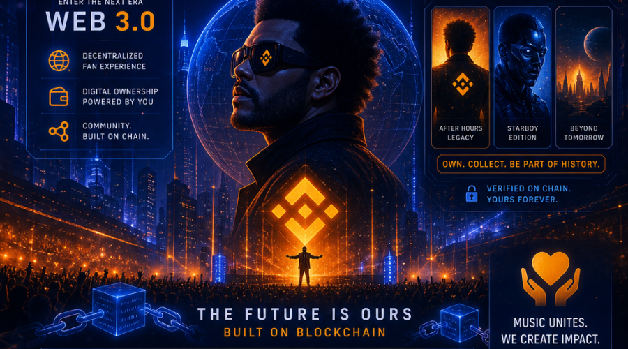 "Binance and The Weeknd's collaboration logo in orange, dark and midnight blue, hovering over a globe demonstrating the concept of a crypto-powered world tour. Blockchain symbols and an energetic live concert crowd visualize the fusion of Web 3.0 technology and music. Highlights include the exclusive NFT collection representing innovative fan experiences and humanitarian impacts of the partnership."