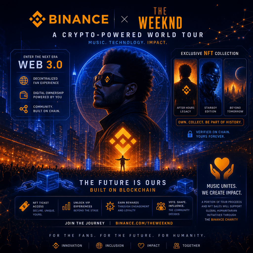 "Binance and The Weeknd's collaboration logo in orange, dark and midnight blue, hovering over a globe demonstrating the concept of a crypto-powered world tour. Blockchain symbols and an energetic live concert crowd visualize the fusion of Web 3.0 technology and music. Highlights include the exclusive NFT collection representing innovative fan experiences and humanitarian impacts of the partnership."