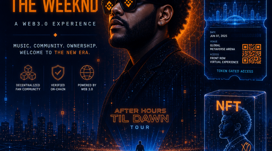 "Stylized image of The Weeknd integrated with Binance logo, digital tour ticket, and NFT symbol representing Web 3.0 technology. The design features holographic effects and brand colors of Orange, Dark Blue, and Midnight Blue".