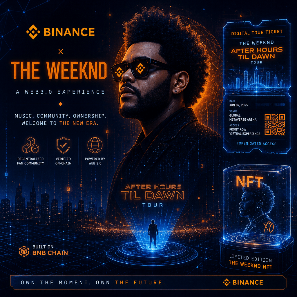 "Stylized image of The Weeknd integrated with Binance logo, digital tour ticket, and NFT symbol representing Web 3.0 technology. The design features holographic effects and brand colors of Orange, Dark Blue, and Midnight Blue".