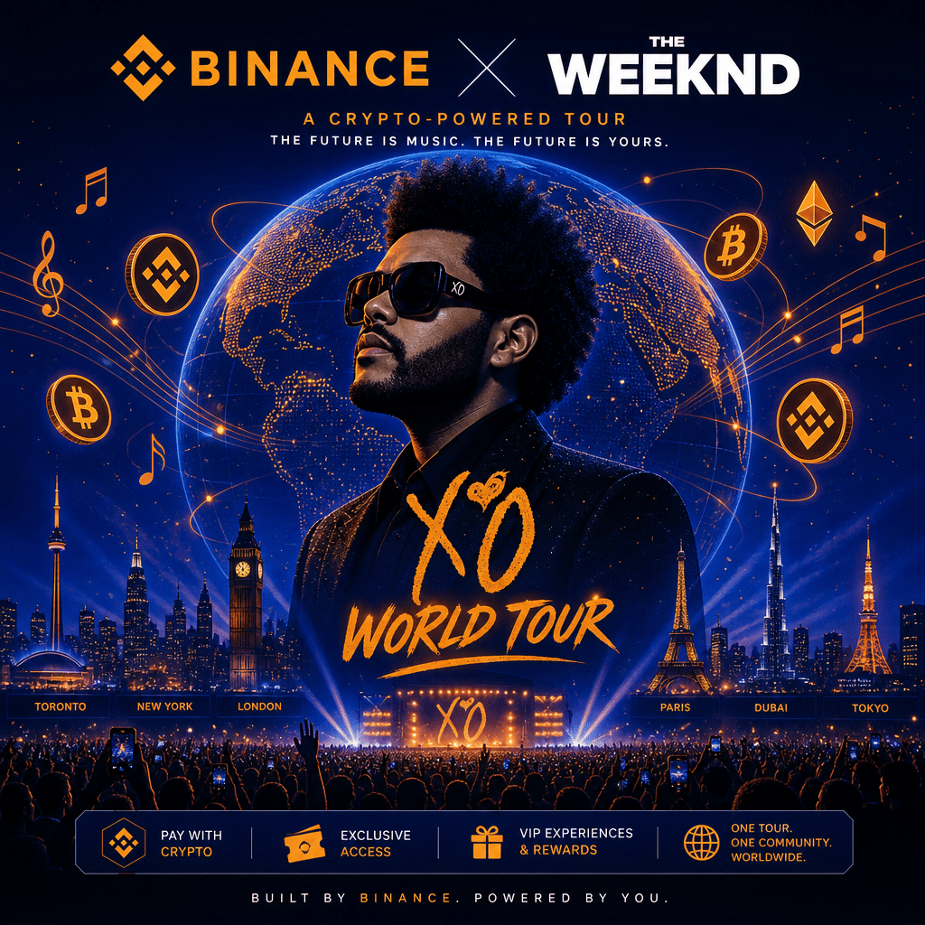 "Binance and The Weekend collaboration for a crypto-powered world tour, featuring a vibrant blend of brand colours - Orange: #FF9811, Dark Blue: #000D43, and Midnight Blue: #021B88. The image balloons with anticipation from a sea of concert-goers, surrounded by musical notes and cryptocurrency symbols, reflecting their partnership. In the backdrop, a globe signifies the worldwide reach of this endeavour."