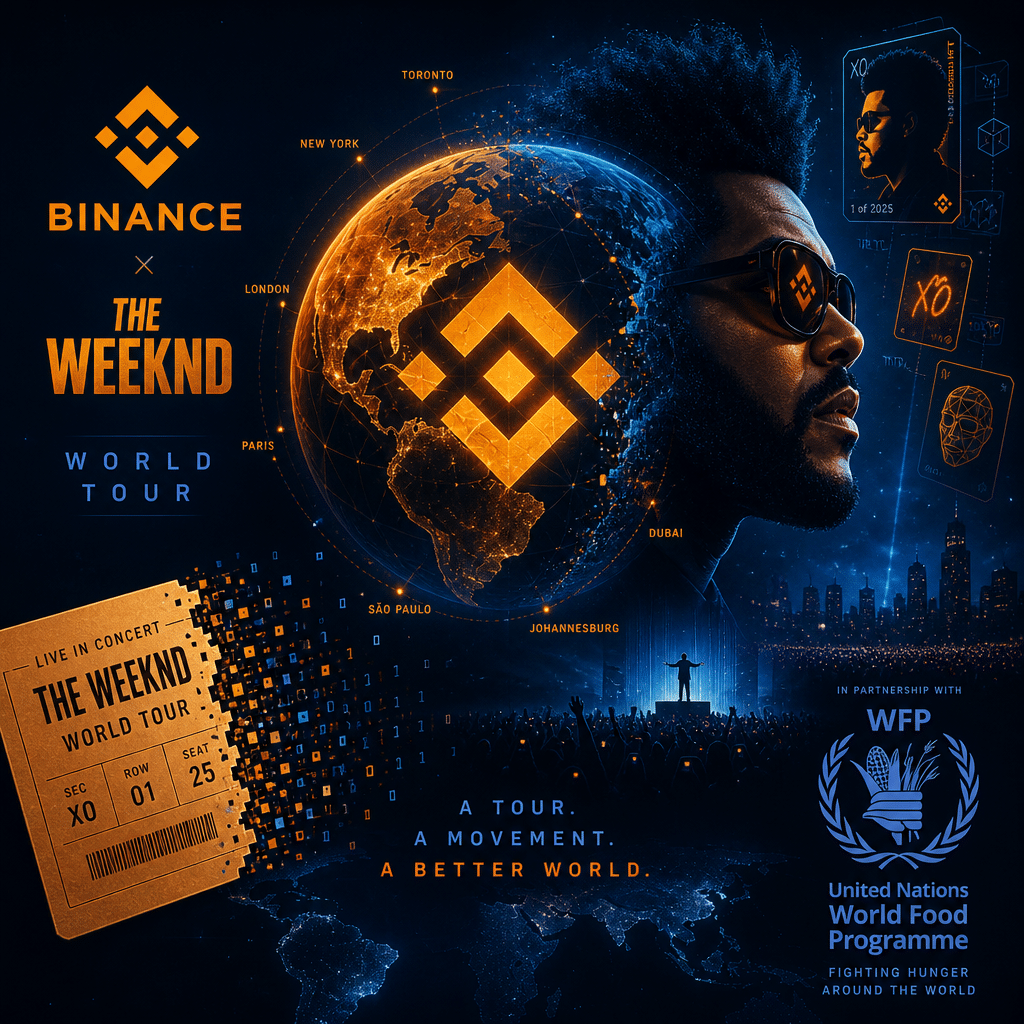 "SEO-optimized alt text: Illustration in dominant shades of orange, dark blue, and midnight blue, featuring the fusion of Binance logo and The Weeknd icon into a global symbol. It represents a potential world tour, offering hints of transformation from traditional concert ticket to digital NFTs, while including the impactful visuals of the UN WFP logo, communicating involvement in charitable endeavors. Image size 1200 x 628 pixels."