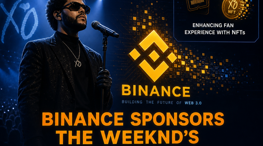 "Artist 'The Weekend' under stage lights alongside pixelated Binance logo representing Web 3.0 integration, announcing Binance's sponsorship of The Weekend's Web 3.0 World Tour, with innovative NFT coins symbolizing transformation of concert tickets, enhancing fan experience in the realm of NFTs. Shows Charity collaboration with Binance and XO Humanitarian Fund logos on a dark blue background."