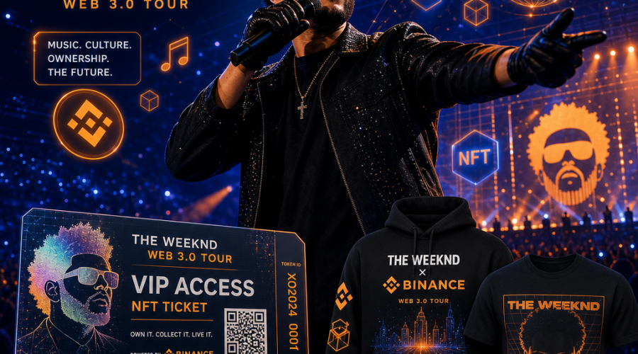 "The Weeknd performing on stage with Binance and Web 3.0 icons, demonstrating the revolutionary tie between crypto, NFTs, and the music industry. NFT Ticket and co-branded tour merchandise in the foreground, styled in vibrant colors of Orange, Dark Blue, and Midnight Blue (FF9811, 000D43, 021B88). Image size 1200 x 628 pixels."