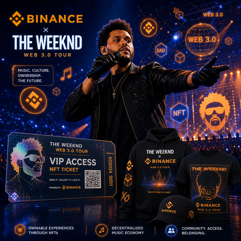 "The Weeknd performing on stage with Binance and Web 3.0 icons, demonstrating the revolutionary tie between crypto, NFTs, and the music industry. NFT Ticket and co-branded tour merchandise in the foreground, styled in vibrant colors of Orange, Dark Blue, and Midnight Blue (FF9811, 000D43, 021B88). Image size 1200 x 628 pixels."