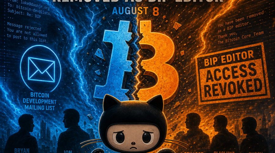 "Abstract bitcoin cryptocurrency fork controversy concept art with symbolic GitHub octocat, split Bitcoin symbol, and a mail icon. Includes Bryan Bishop, Jon Atack, Erhardt, Olaoluwa Osuntokun, and Ruben Somsen silhouettes against a vibrant backdrop of blue and orange swirls. August 8 date subtly included to mark significant event."