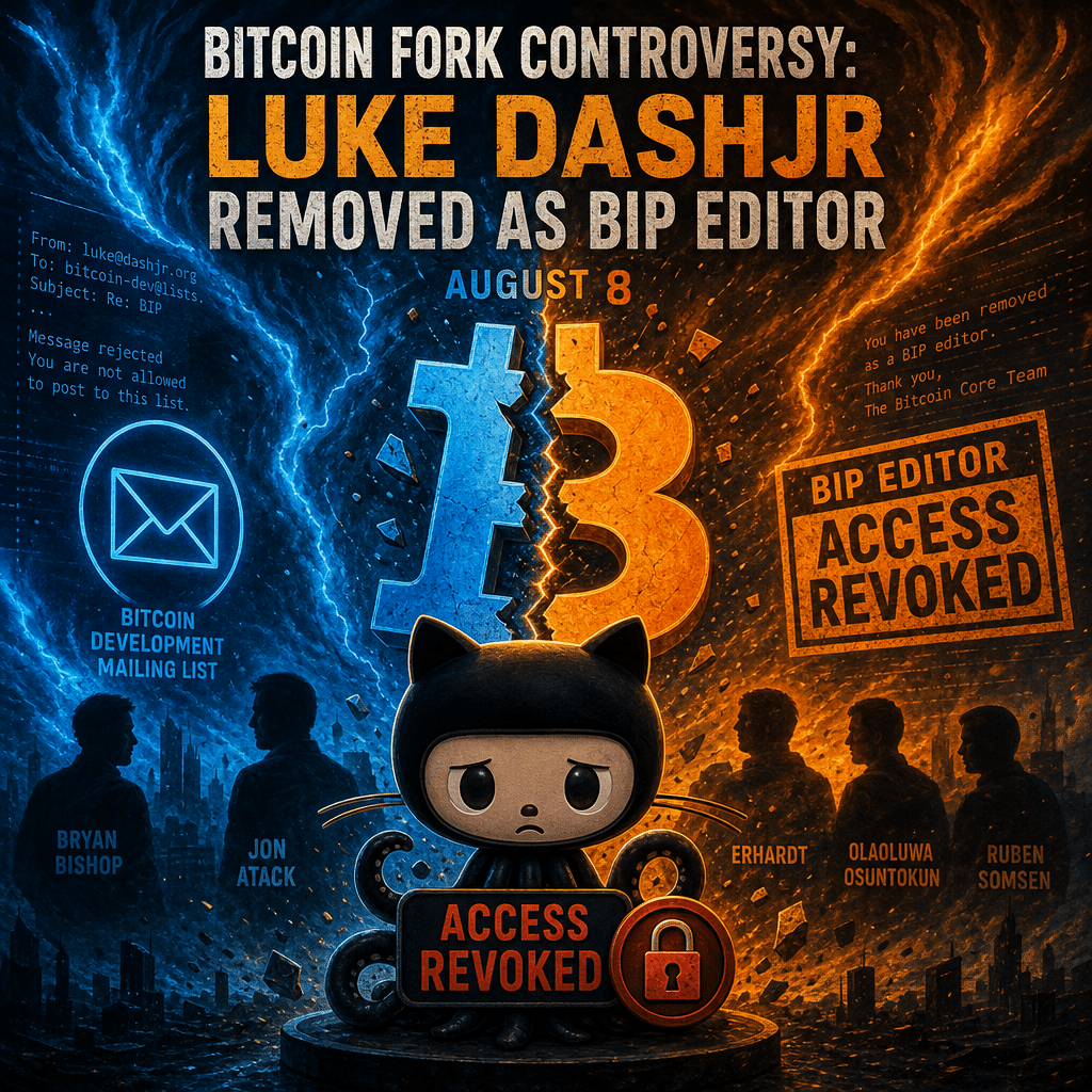 "Abstract bitcoin cryptocurrency fork controversy concept art with symbolic GitHub octocat, split Bitcoin symbol, and a mail icon. Includes Bryan Bishop, Jon Atack, Erhardt, Olaoluwa Osuntokun, and Ruben Somsen silhouettes against a vibrant backdrop of blue and orange swirls. August 8 date subtly included to mark significant event."