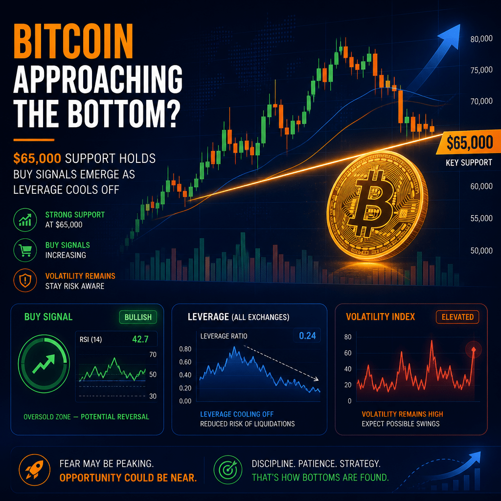 **SEO-optimized alt-text:** Sleek, modern hero image illustrating a stylized orange Bitcoin coin hovering just below a bold upward-trending support line at the $65,000 level, set against a backdrop of fluctuating candlestick charts, technical buy signal, and leverage graph; green bullish indicators and faint red volatility spikes convey both optimism and caution, all in orange, dark blue, and midnight blue brand colors—perfect visual for a cryptocurrency investment insights blog post discussing Bitcoin’s potential market bottom in 2024.