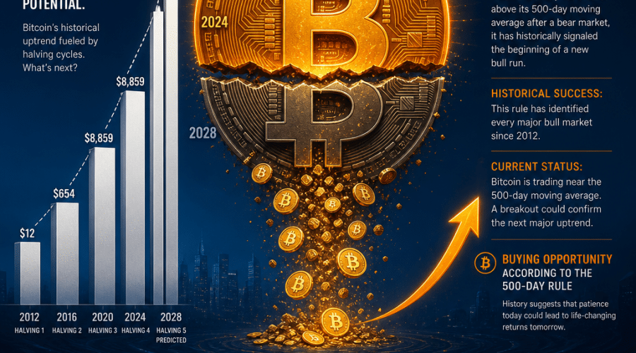 "Vibrant image depicting a large Bitcoin symbol split in a 4-year halving cycle with smaller coins cascading. The top half radiates with a bright orange for profitability. The background blends from dark to midnight blue reflecting market uncertainties from ETFs and institutional investors. On the left, a rise in white bar graphs illustrates past and predicted Bitcoin price gains. On the right, the '500-Day Rule' text and upward orange arrow indicate buying opportunities. Highlighted at the peak of the highest bar graph is the prominent Bitcoin price of $64,102.11."