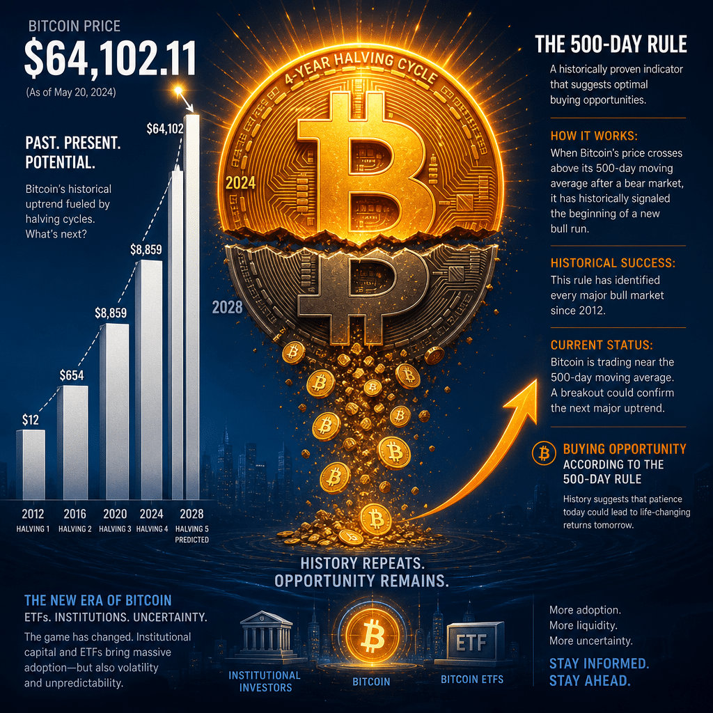 "Vibrant image depicting a large Bitcoin symbol split in a 4-year halving cycle with smaller coins cascading. The top half radiates with a bright orange for profitability. The background blends from dark to midnight blue reflecting market uncertainties from ETFs and institutional investors. On the left, a rise in white bar graphs illustrates past and predicted Bitcoin price gains. On the right, the '500-Day Rule' text and upward orange arrow indicate buying opportunities. Highlighted at the peak of the highest bar graph is the prominent Bitcoin price of $64,102.11."