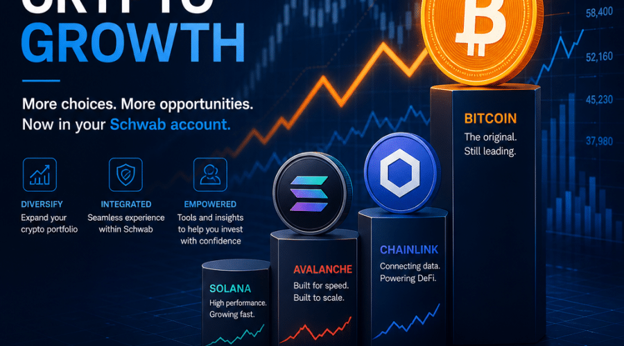 "SEO-optimized infographic showcasing Bitcoin's growth among other rising cryptocurrencies like Solana, Avalanche, and Chainlink in Schwab Crypto accounts. Includes visual elements such as upward arrows and graphs symbolizing market fluctuation. Dominant colours are Orange for Bitcoin and new tokens, Dark Blue for the background, and Midnight Blue for added elements and text content. Image size is 1200x628 pixels, perfect for a WordPress blog post."