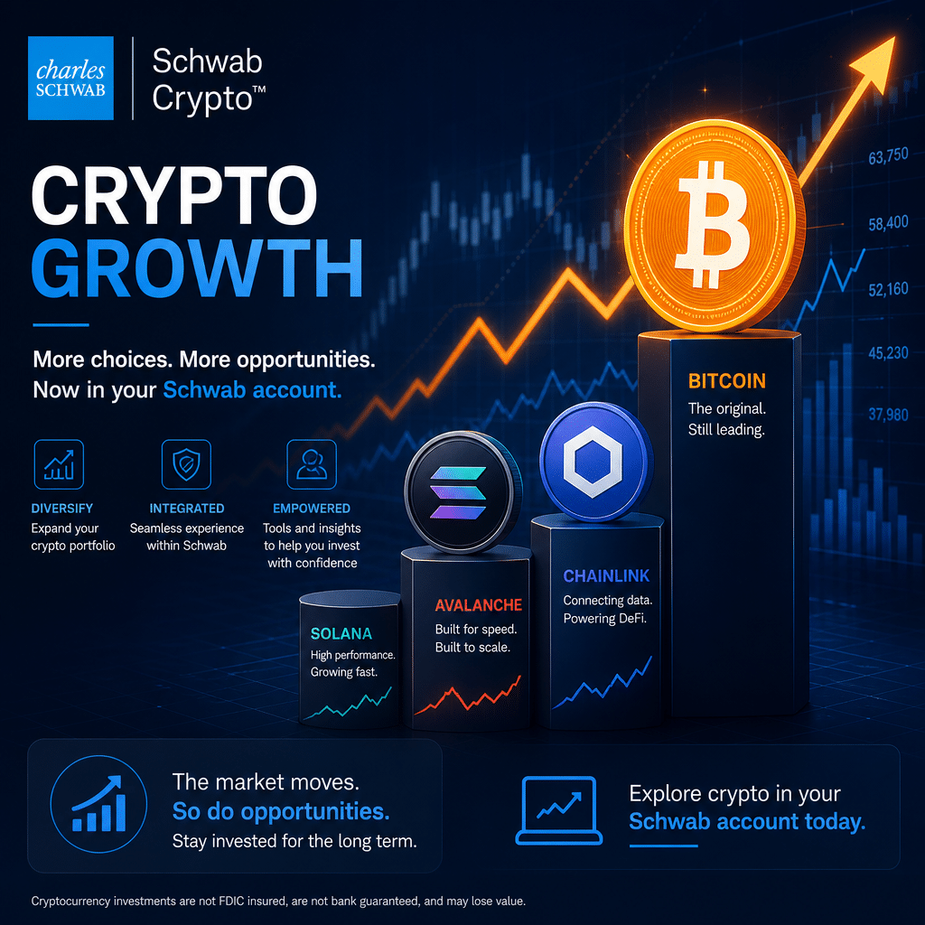 "SEO-optimized infographic showcasing Bitcoin's growth among other rising cryptocurrencies like Solana, Avalanche, and Chainlink in Schwab Crypto accounts. Includes visual elements such as upward arrows and graphs symbolizing market fluctuation. Dominant colours are Orange for Bitcoin and new tokens, Dark Blue for the background, and Midnight Blue for added elements and text content. Image size is 1200x628 pixels, perfect for a WordPress blog post."