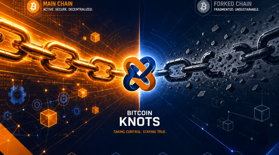 **SEO Alt-Text:** Modern digital illustration of a dramatic Bitcoin blockchain split, featuring two diverging chains from a central knot symbol, representing Bitcoin Knots' intervention. One chain appears vibrant in orange (#FF9811) and dark blue (#000D43), while the other fades and fragments into midnight blue (#021B88) geometric shapes. The scene includes subtle digital motifs like block icons, gears, and hash lines, conveying tension, disruption, resilience, and continued main chain progress in a futuristic, professional style. 1200x628 pixel WordPress featured image.