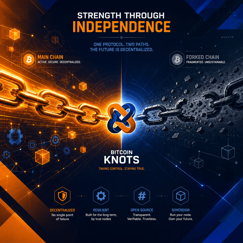 **SEO Alt-Text:** Modern digital illustration of a dramatic Bitcoin blockchain split, featuring two diverging chains from a central knot symbol, representing Bitcoin Knots' intervention. One chain appears vibrant in orange (#FF9811) and dark blue (#000D43), while the other fades and fragments into midnight blue (#021B88) geometric shapes. The scene includes subtle digital motifs like block icons, gears, and hash lines, conveying tension, disruption, resilience, and continued main chain progress in a futuristic, professional style. 1200x628 pixel WordPress featured image.
