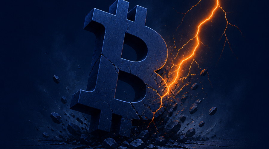 "Bitcoin symbol crashing down against a dark blue background, being struck by an orange lightning bolt, representing Bitcoin's Lightning Network disruption, with the caption 'Bitcoin's Rough Week' displayed in a minimalistic, orange font."
