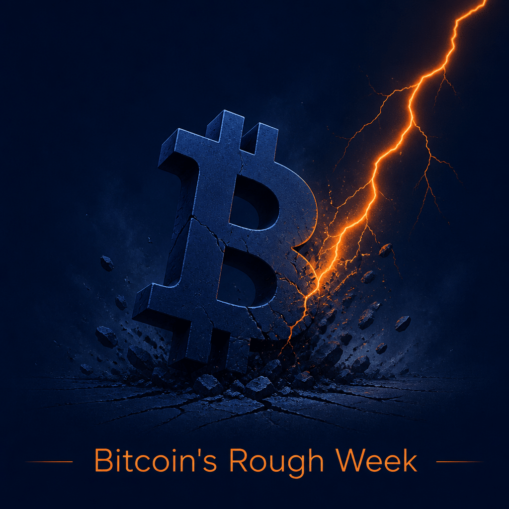 "Bitcoin symbol crashing down against a dark blue background, being struck by an orange lightning bolt, representing Bitcoin's Lightning Network disruption, with the caption 'Bitcoin's Rough Week' displayed in a minimalistic, orange font."