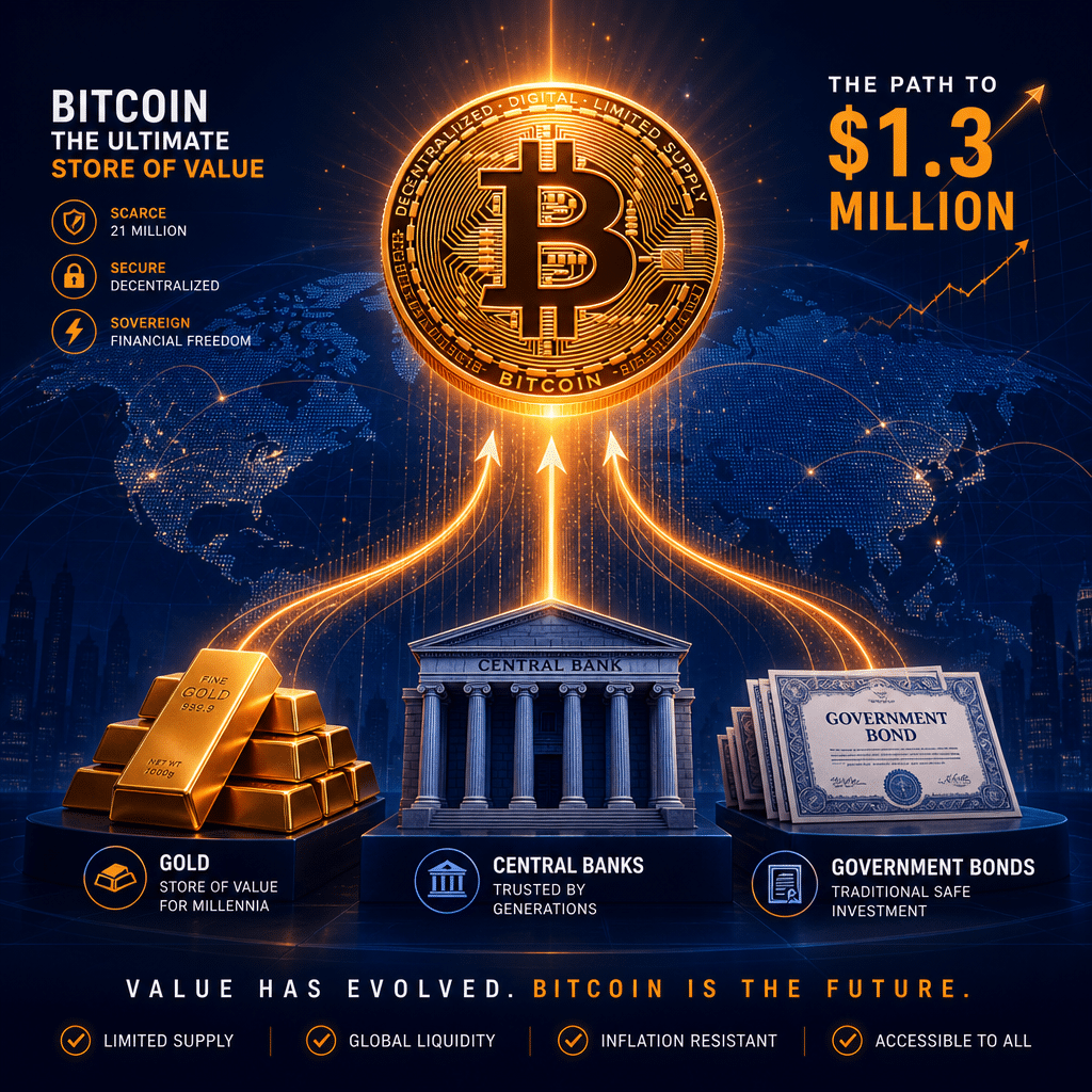 **SEO Alt-Text:** Modern digital illustration of a large, shiny Bitcoin elevated above stacks of gold bars, central bank buildings, and government bonds, set against a dynamic world map background. Bitcoin radiates upward energy with faint arrows connecting traditional assets to the coin, symbolizing the shift of value. The design uses vibrant orange and deep blue brand colors, capturing the bold, professional vision of Bitcoin’s journey toward a $1.3 million milestone.