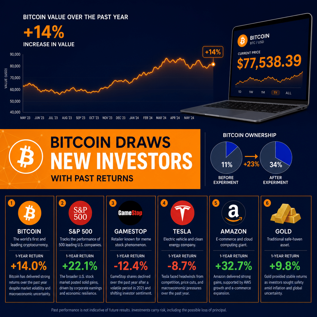 "Imagery of a 14% increase in Bitcoin value line graph set against a dark blue background, depicting six different groups of investors divided by bright orange lines, comparing Bitcoin, S&P 500, GameStop returns, with an attention-grabbing orange banner titling Bitcoin's lure for new investors in a sleek modern font, a midnight blue pie chart indicating a 23% bump in Bitcoin ownership, and a laptop showcasing Bitcoin's price at $77,538.39, created with a professional design sensibility to complement a WordPress cryptocurrency blog post."