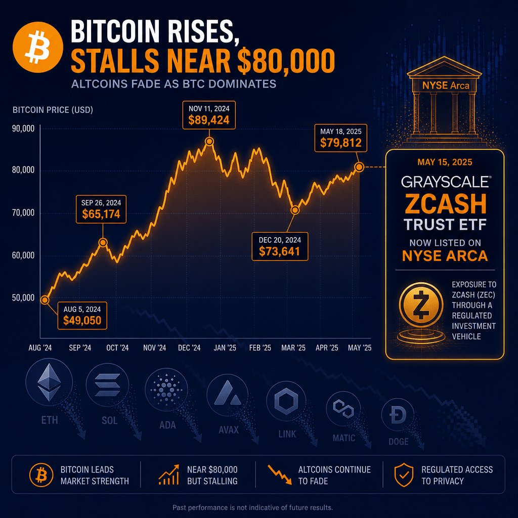 "SEO Alt-text: Dark blue graph visualizing the fluctuating value of Bitcoin reaching near $80,000 with the date and value at significant highs and lows highlighted in orange #FF9811. Featuring the decline of altcoins represented by fading symbols. Abstract representation of Grayscale's Zcash ETF launch and NYSE Arca listing overlaid. Overall sleek, modern design aesthetic fitting the cryptocurrency theme. Designed in a 1200x628 pixel resolution."