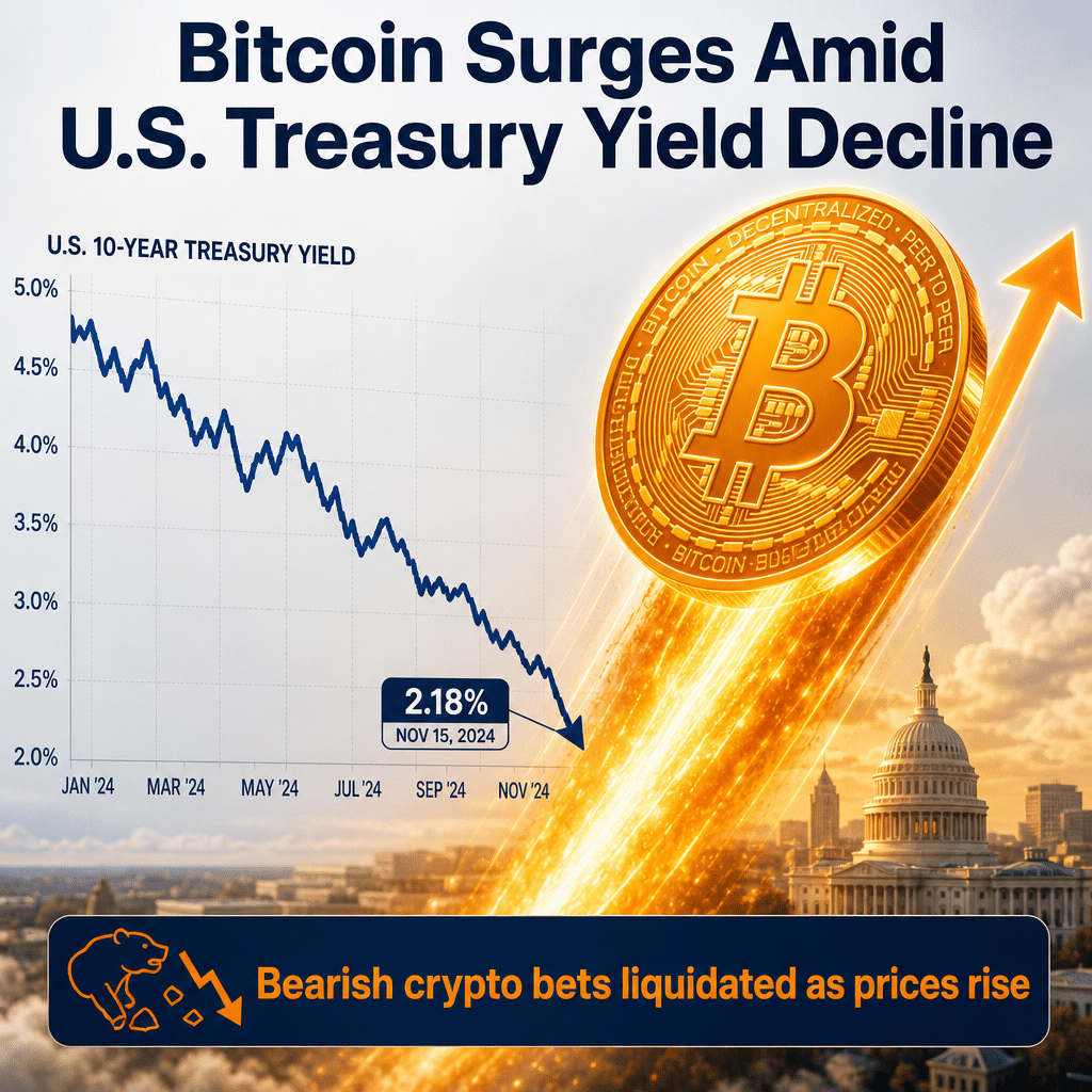 "Golden Bitcoin graphic soaring upwards against a dark blue graph of declining U.S. government bond yields, representing the rise of Bitcoin amid U.S. Treasury yield decline. Overlay text at the top in midnight blue reads 'Bitcoin Surges Amid U.S. Treasury Yield Decline'. A smaller text panel at the bottom with orange lettering says 'Bearish crypto bets liquidated as prices rise'."