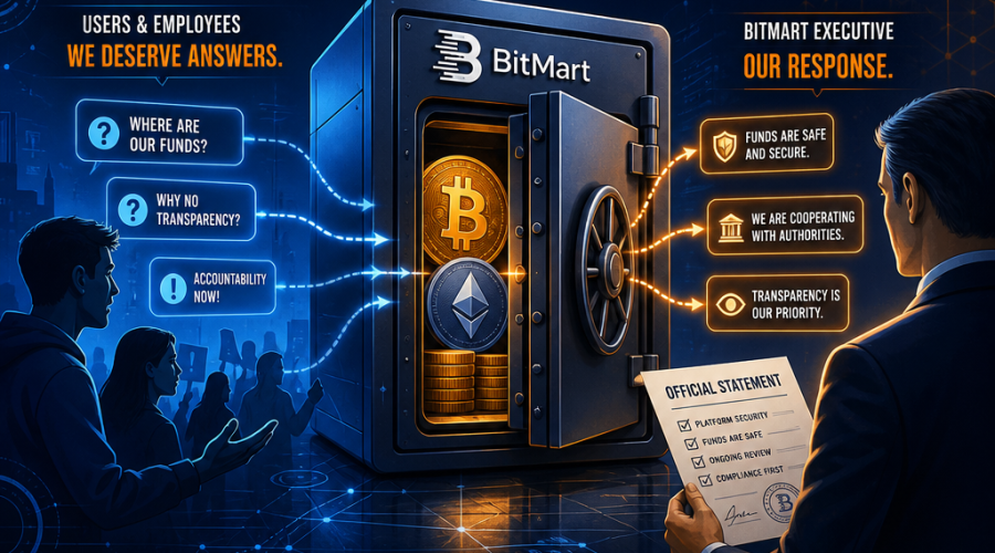 Here's an optimized SEO alt-text for your described blog header image: **SEO Alt-Text:** Modern blog header image (1200 x 628 px) in BitMart brand colors (Orange #FF9811, Dark Blue #000D43, Midnight Blue #021B88), featuring a digital vault containing Bitcoin and Ethereum symbols, with abstract blockchain lines connecting the vault to stylized users and employees seeking answers on one side, and an executive figure holding a legal document on the other, visually representing cryptocurrency transparency, financial accountability, and BitMart’s controversy amid industry scrutiny.