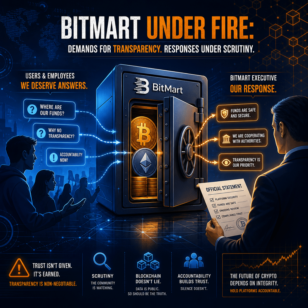 Here's an optimized SEO alt-text for your described blog header image: **SEO Alt-Text:** Modern blog header image (1200 x 628 px) in BitMart brand colors (Orange #FF9811, Dark Blue #000D43, Midnight Blue #021B88), featuring a digital vault containing Bitcoin and Ethereum symbols, with abstract blockchain lines connecting the vault to stylized users and employees seeking answers on one side, and an executive figure holding a legal document on the other, visually representing cryptocurrency transparency, financial accountability, and BitMart’s controversy amid industry scrutiny.