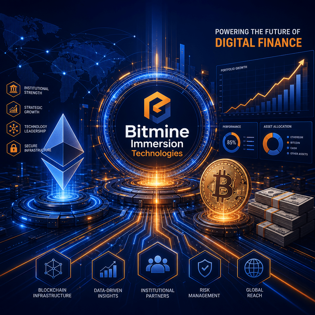 Certainly! Here’s an optimized SEO alt-text for your described image: **Alt-text:** Sleek, modern blog header image for Bitmine Immersion Technologies, sized 1200x628 pixels, featuring a futuristic digital landscape with stylized Ethereum symbols, integrated financial charts, Bitcoin icons, cash stacks, and high-tech network nodes radiating from a central core. The design uses bold blends of dark blue, midnight blue, and vibrant orange, highlighting themes of digital finance innovation, institutional strength, and technological growth, representative of a leading fintech brand. Let me know if you'd like a shorter or more specific version!