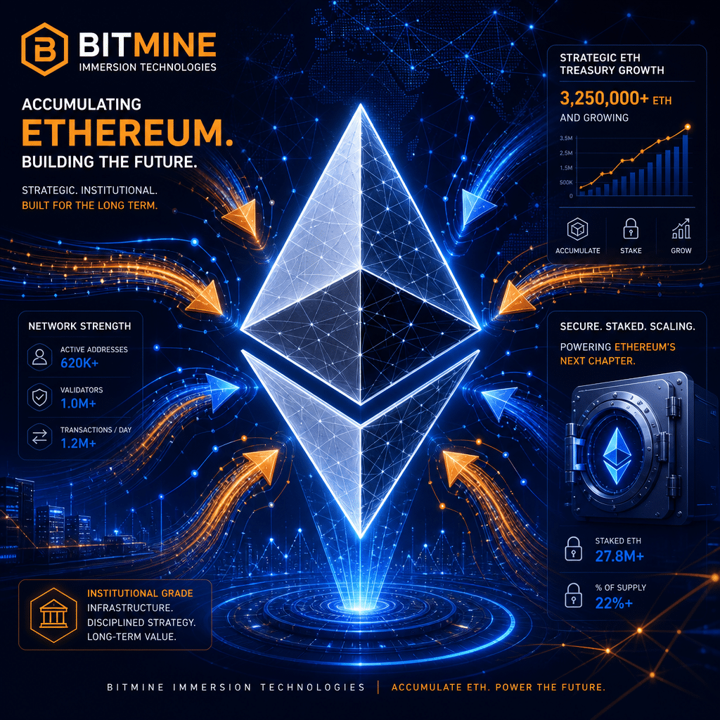 SEO Alt-Text: "Modern digital illustration featuring a large Ethereum logo crafted from interconnected geometric shapes, glowing with a cool metallic effect. Surrounding the logo are bold, dynamic arrows and digital streams accented in BitMine Immersion Technologies’ brand colors—orange (#FF9811), dark blue (#000D43), and midnight blue (#021B88)—converging into the Ethereum symbol to represent strategic accumulation. The background includes abstract elements of crypto networks, data graphs, and subtle staking lock icons, conveying innovation, institutional scale, and the evolving influence of Ethereum in cryptocurrency." Let me know if you'd like it tailored further for a more specific SEO focus!