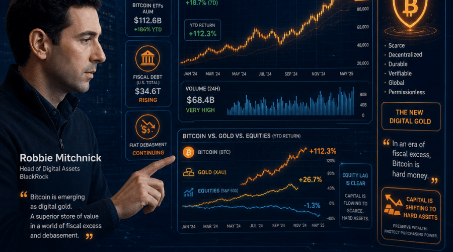 "Robbie Mitchnick analyzing a bullish bitcoin market trend on a dynamic digital interface, showing higher trading volume and equity lag for Bitcoin compared to gold. The subtle BlackRock logo is observed in the deep transition between Dark Blue to Midnight Blue background. Prominent elements include the Bitcoin logo, ETF, and fiscal debt symbols enhanced with an orange outline in line with BlackRock's brand color. The image subtly highlights Bitcoin's emerging status as a store of value and the capital shift to hard assets."