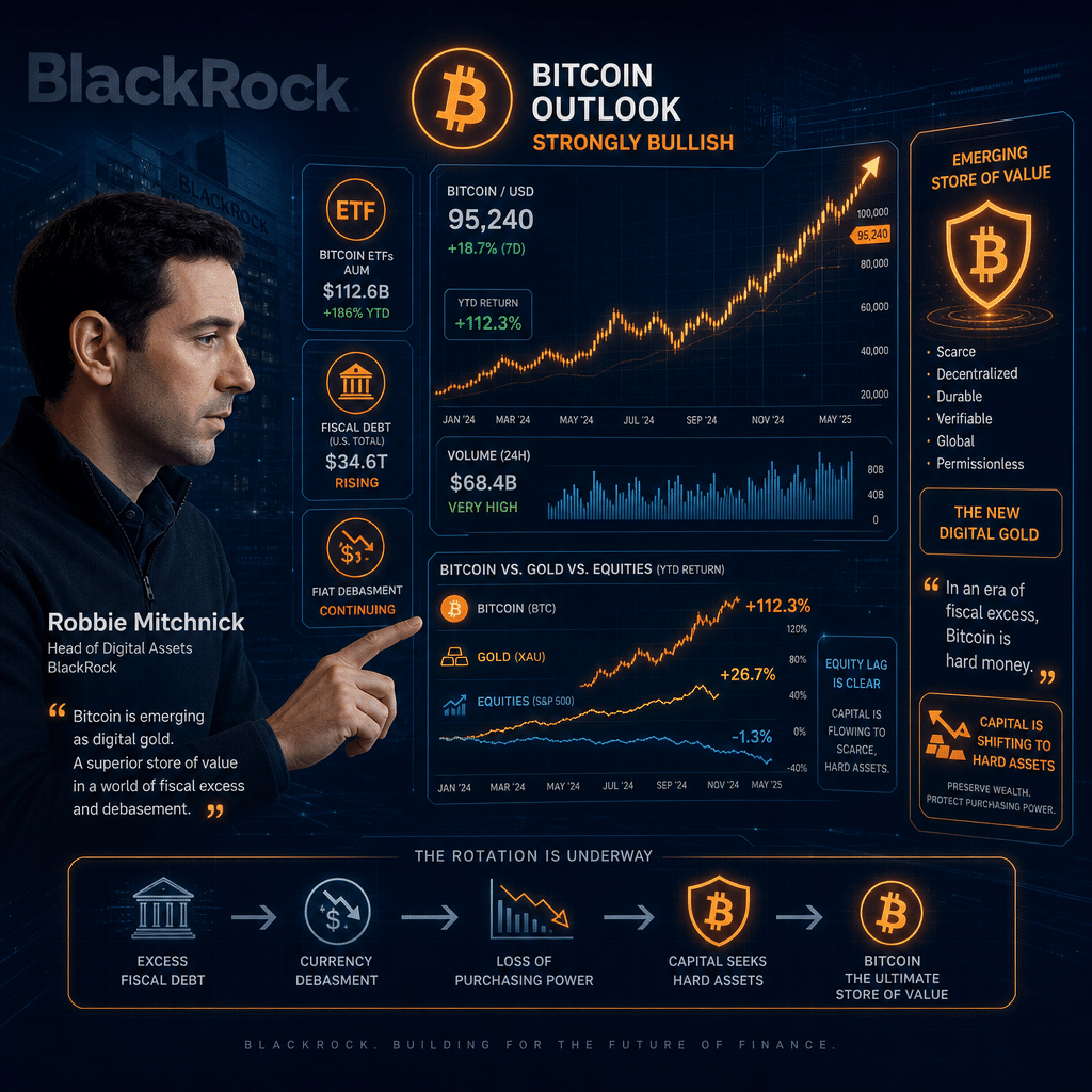 "Robbie Mitchnick analyzing a bullish bitcoin market trend on a dynamic digital interface, showing higher trading volume and equity lag for Bitcoin compared to gold. The subtle BlackRock logo is observed in the deep transition between Dark Blue to Midnight Blue background. Prominent elements include the Bitcoin logo, ETF, and fiscal debt symbols enhanced with an orange outline in line with BlackRock's brand color. The image subtly highlights Bitcoin's emerging status as a store of value and the capital shift to hard assets."
