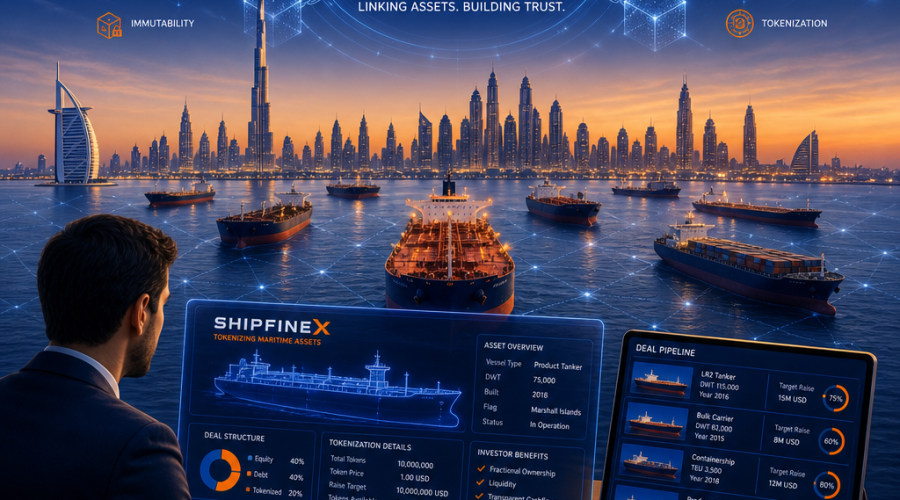"An illustration showing a fleet of commercial ships at sea with the ADI Chain logo layered on references of blockchain technology, like interconnected blocks or chains. The Dubai skyline symbolizing Shipfinex is visible in the forefront while a representative is seen analyzing diagrams of ships and deals, illustrating the concept of tokenization and finance in colors of orange (#FF9811), dark blue (#000D43), and midnight blue (#021B88)."