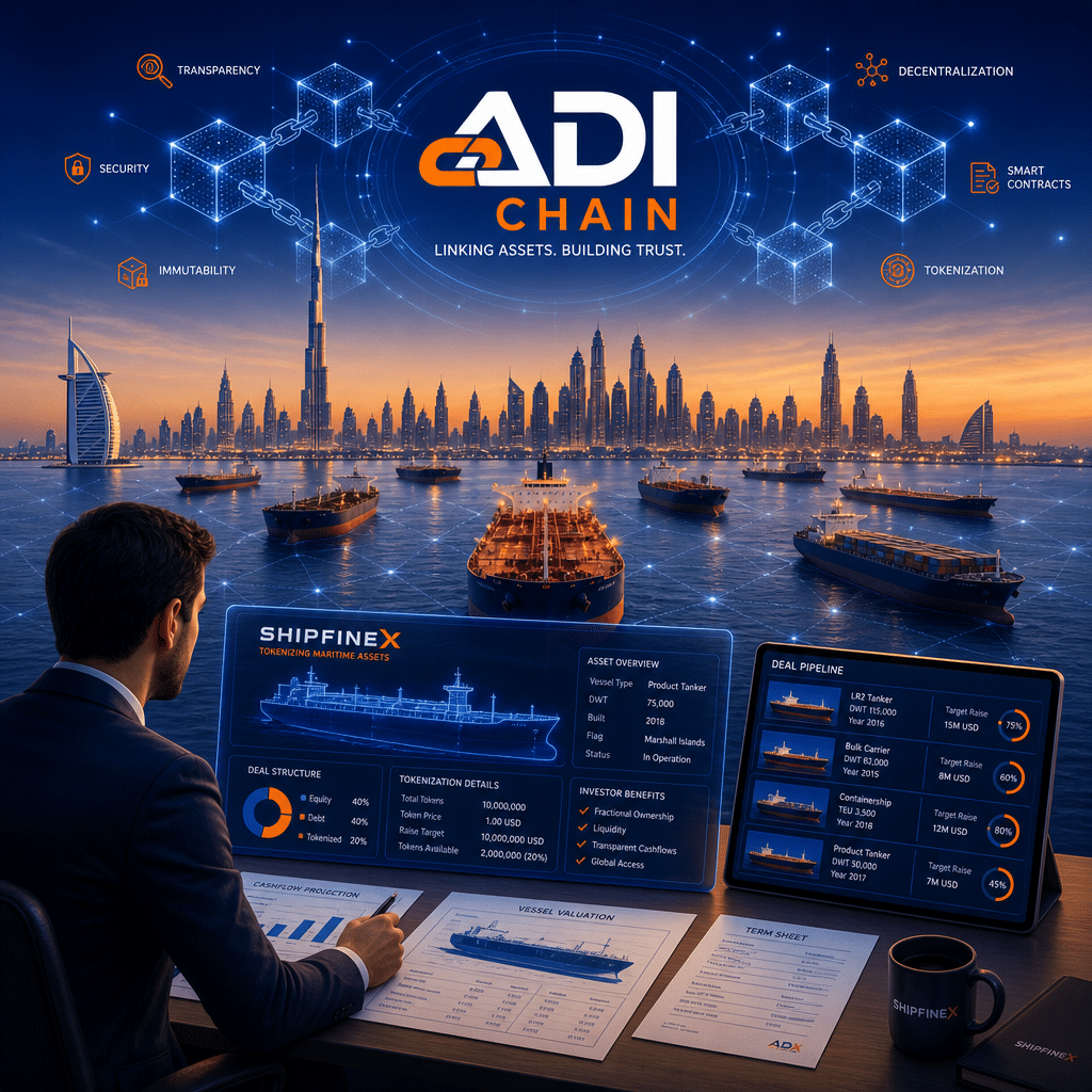 "An illustration showing a fleet of commercial ships at sea with the ADI Chain logo layered on references of blockchain technology, like interconnected blocks or chains. The Dubai skyline symbolizing Shipfinex is visible in the forefront while a representative is seen analyzing diagrams of ships and deals, illustrating the concept of tokenization and finance in colors of orange (#FF9811), dark blue (#000D43), and midnight blue (#021B88)."