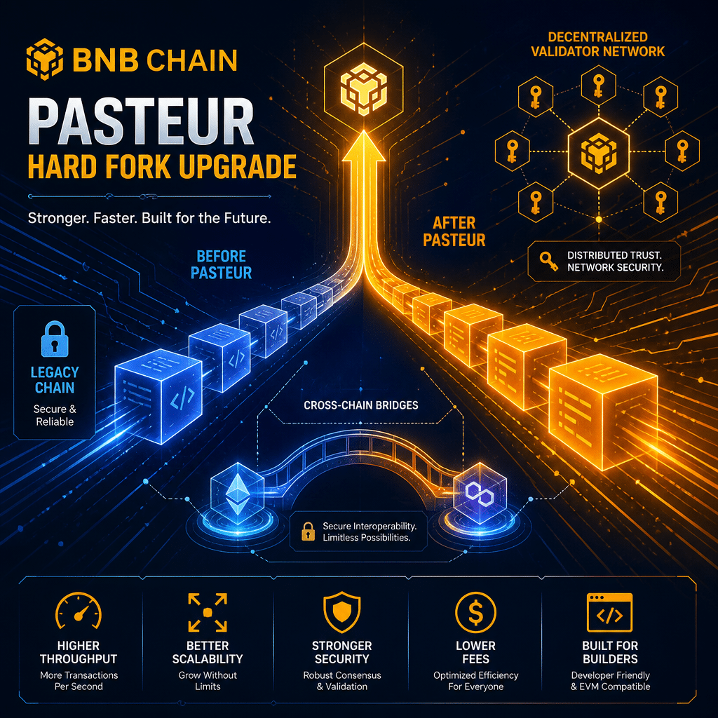**SEO alt-text:** Digital illustration showing the Pasteur hard fork upgrade on BNB Chain, featuring abstract interconnected blockchain nodes, validator keys, dynamic transaction blocks, and secure cross-chain bridges. The design uses strong geometric lines, circuitry motifs, and the BNB Chain branding colors—bold #FF9811 orange accents and gradients of dark blue (#000D43) and midnight blue (#021B88)—to convey efficiency, security, scalability, and network innovation, ideal for a major technology upgrade blog post image.