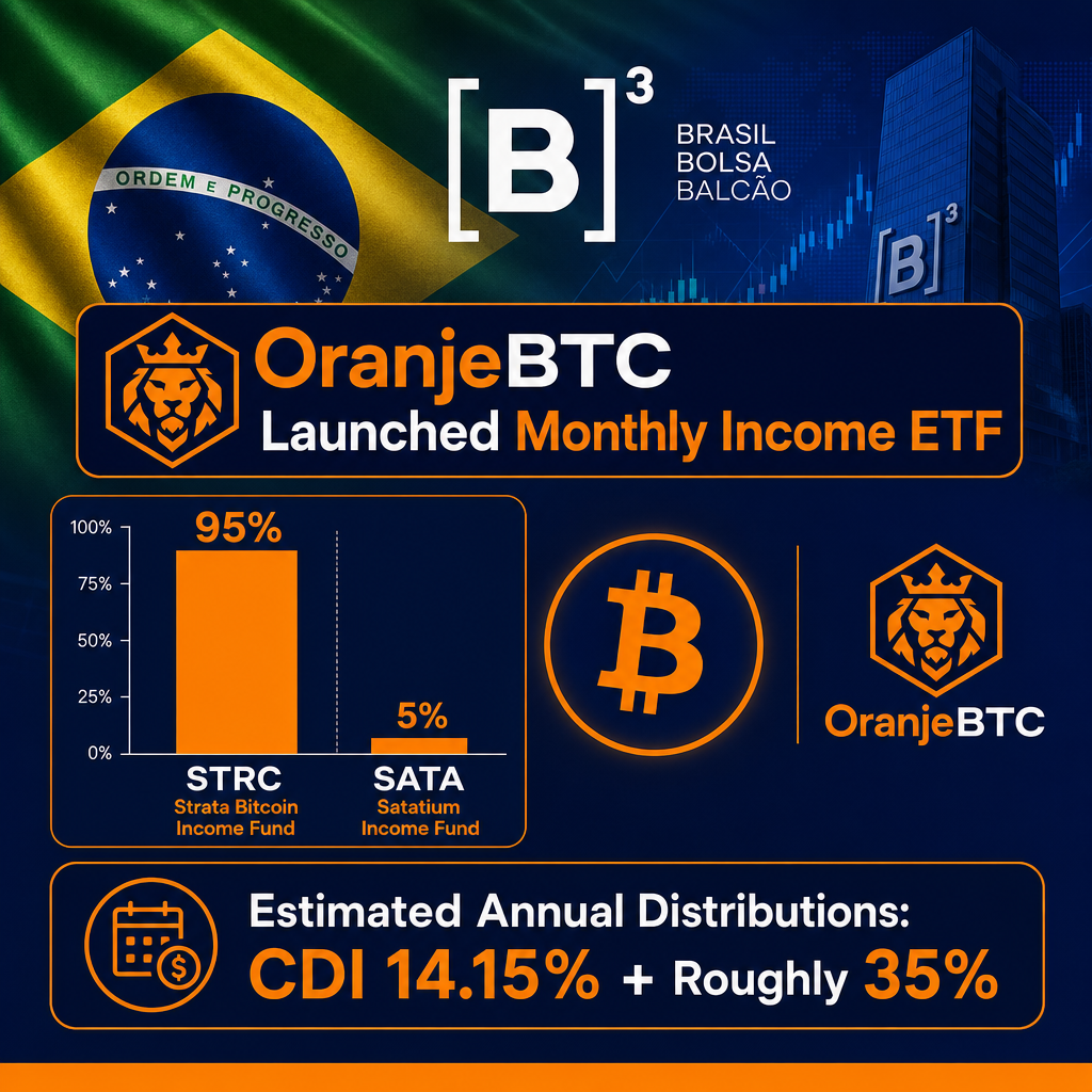 "Brazil's national flag and B3 Stock Market Logo as the backdrop, highlighting a bar graph that portrays 95% investment in STRC and 5% in SATA, Bitcoin symbol and OranjeBTC logo all in the distinct colours Orange (#FF9811), Dark Blue (#000D43) and Midnight Blue (#021B88). Text overlay indicating 'OranjeBTC Launched Monthly Income ETF' and 'Estimated Annual Distributions: CDI 14.15% + Roughly 35%'. Image size 1200 x 628 pixels."