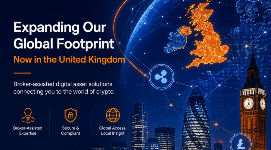 **Great SEO Alt-text:** Sleek professional image illustrating Caleb & Brown’s UK expansion in the crypto sector, featuring a highlighted digital globe with the United Kingdom, abstract network lines, and cryptocurrency icons; includes silhouettes of London landmarks such as the Gherkin and Big Ben blended with modern digital elements, all in Caleb & Brown’s brand colours of orange (#FF9811), dark blue (#000D43), and midnight blue (#021B88); ideal polished layout for a 1200 x 628 Wordpress blog post.