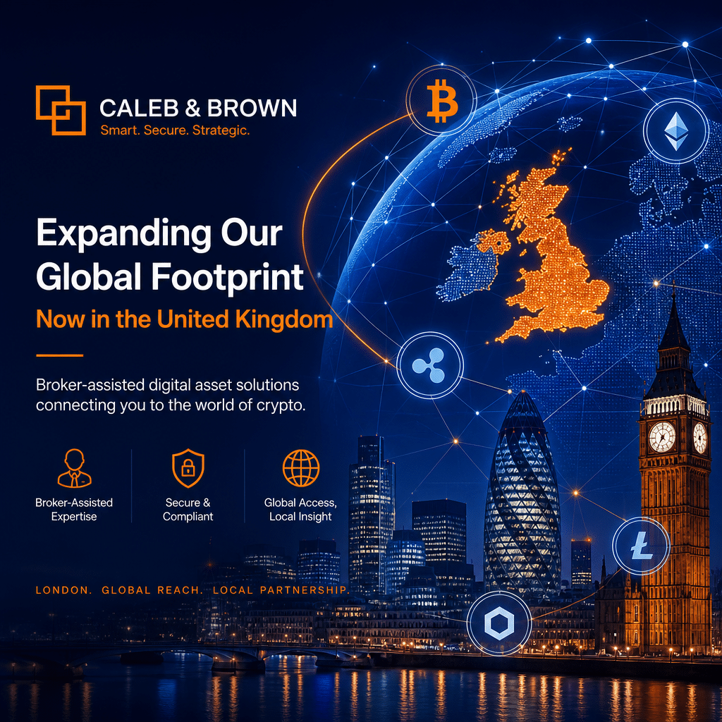 **Great SEO Alt-text:** Sleek professional image illustrating Caleb & Brown’s UK expansion in the crypto sector, featuring a highlighted digital globe with the United Kingdom, abstract network lines, and cryptocurrency icons; includes silhouettes of London landmarks such as the Gherkin and Big Ben blended with modern digital elements, all in Caleb & Brown’s brand colours of orange (#FF9811), dark blue (#000D43), and midnight blue (#021B88); ideal polished layout for a 1200 x 628 Wordpress blog post.