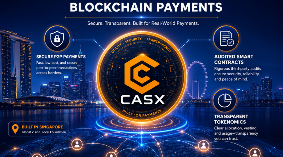 **SEO Alt-text:** Sleek, modern promotional image for CASX token presale from a blockchain payment platform, featuring the CASX token at the center with icons symbolizing secure peer-to-peer payments, audited smart contracts, and transparent tokenomics. Vibrant orange (#FF9811), deep dark blue (#000D43), and midnight blue (#021B88) colors radiate outward in payment network patterns. A faint Singapore skyline forms the backdrop, referencing the company’s headquarters. Overlayed with the bold tagline: “Transparent, Utility-First Blockchain Payments.” Image size is 1200x628 pixels.