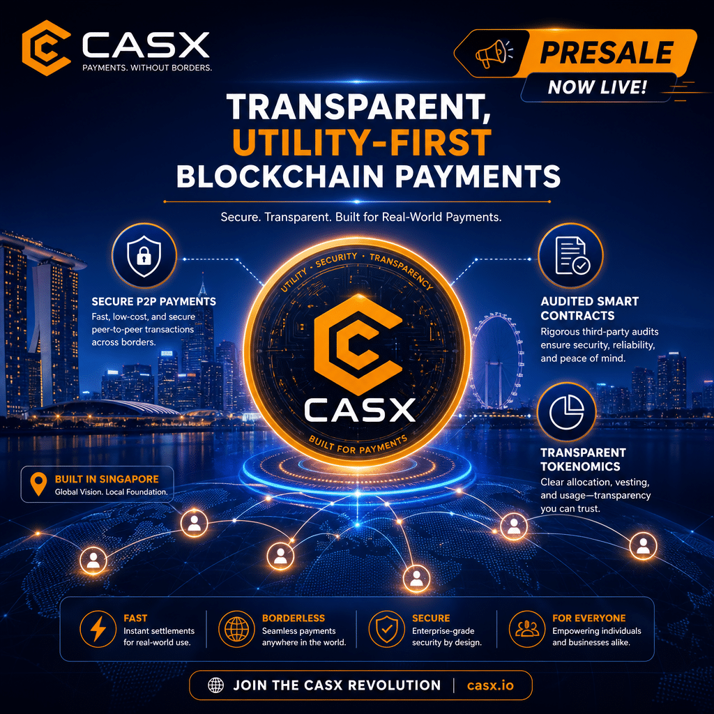 **SEO Alt-text:** Sleek, modern promotional image for CASX token presale from a blockchain payment platform, featuring the CASX token at the center with icons symbolizing secure peer-to-peer payments, audited smart contracts, and transparent tokenomics. Vibrant orange (#FF9811), deep dark blue (#000D43), and midnight blue (#021B88) colors radiate outward in payment network patterns. A faint Singapore skyline forms the backdrop, referencing the company’s headquarters. Overlayed with the bold tagline: “Transparent, Utility-First Blockchain Payments.” Image size is 1200x628 pixels.