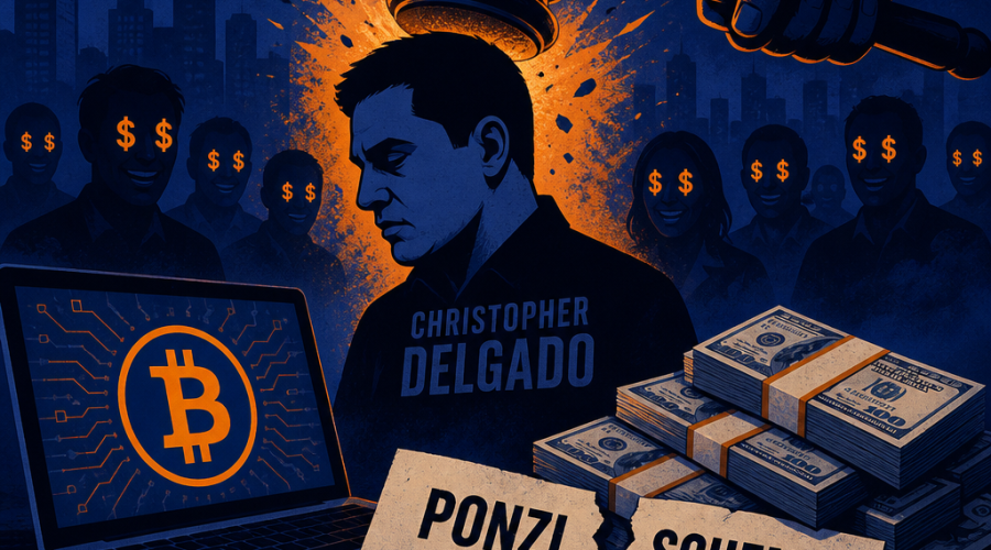 "Graphic illustration revealing an orange and blue gavel impacting a stylized silhouette of Christopher Delgado in Ponzi scheme indictment, with shadowy figures of misled customers with dollar signs in their eyes, foregrounded by a Bitcoin-emblem laptop, stacks of cash and a torn contract labeled 'Ponzi Scheme' presented in shades of Orange (#FF9811), Dark Blue (#000D43) and Midnight Blue (#021B88) colors."