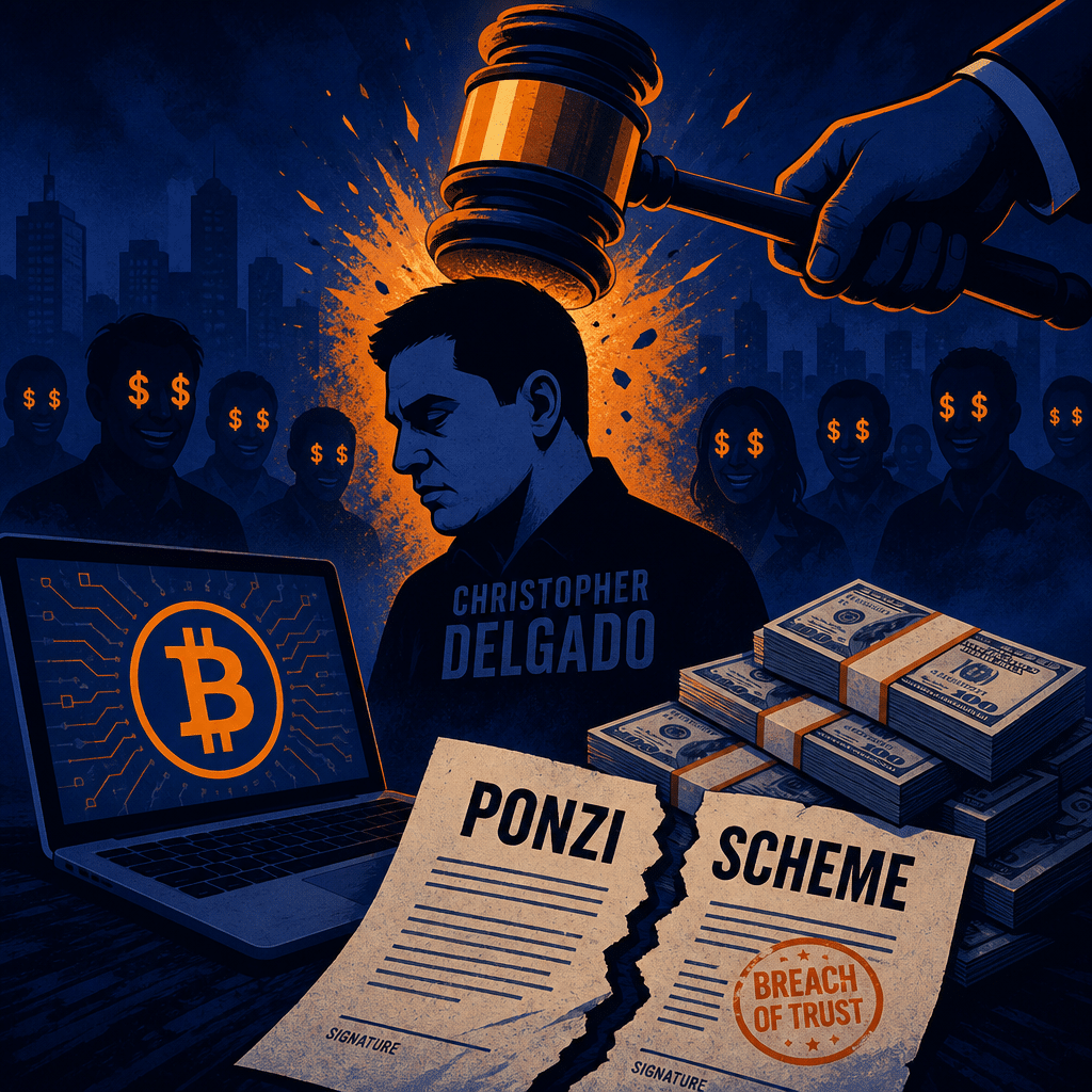 "Graphic illustration revealing an orange and blue gavel impacting a stylized silhouette of Christopher Delgado in Ponzi scheme indictment, with shadowy figures of misled customers with dollar signs in their eyes, foregrounded by a Bitcoin-emblem laptop, stacks of cash and a torn contract labeled 'Ponzi Scheme' presented in shades of Orange (#FF9811), Dark Blue (#000D43) and Midnight Blue (#021B88) colors."