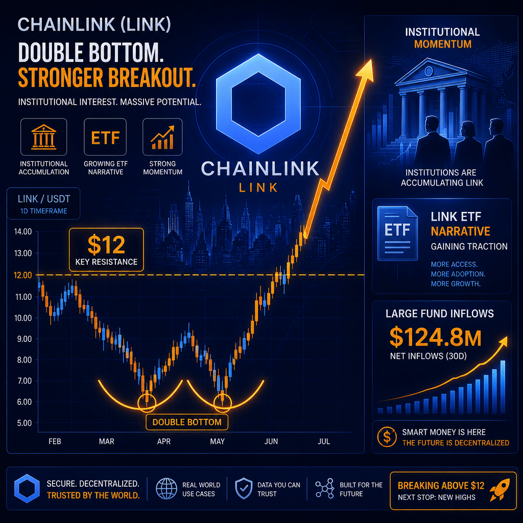 SEO-Optimized Alt-Text: "Digital illustration of a bullish Chainlink (LINK) price chart featuring a prominent double-bottom pattern and $12 resistance level, with Chainlink logo integrated into the growth trend. Visual elements include institutional investor activity, ETF icons, and large fund inflows, all designed in Chainlink’s orange, dark blue, and midnight blue brand colors. Professional, dynamic composition symbolizes rising momentum and strong institutional interest in the cryptocurrency market."