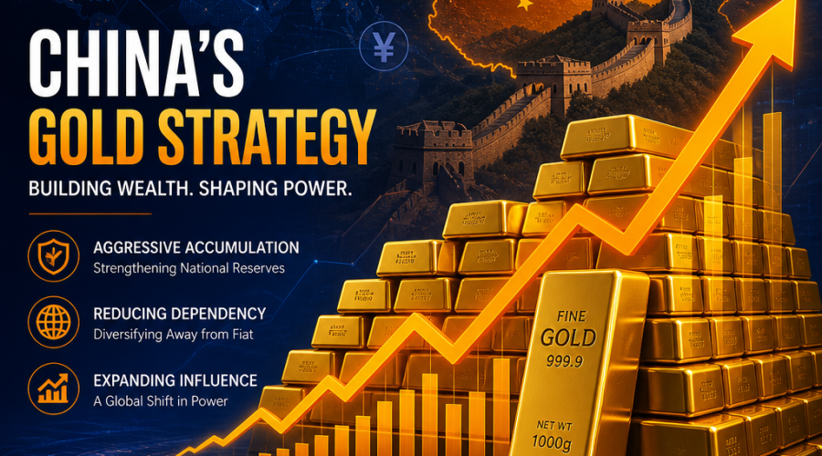 **SEO-Optimized Alt-Text:** Modern professional blog header image sized 1200x628 pixels visually representing China’s aggressive gold accumulation strategy; features stacks of gold bars with a dynamic rising arrow graph overlay symbolizing increasing gold reserves, a subtle stylized outline of China or the Great Wall in the background, and incorporates brand colors Orange #FF9811, Dark Blue #000D43, and Midnight Blue #021B88. Includes global finance elements like interconnected world map lines and faint currency symbols, highlighting the strategic, economic, and geopolitical influence of China’s gold reserve growth. The design is sophisticated, dynamic, and fits a financial or economic blog theme.