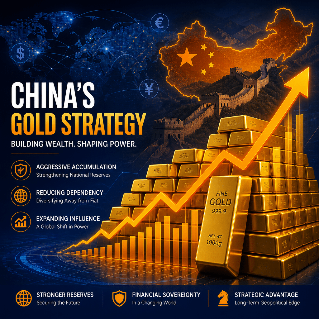 **SEO-Optimized Alt-Text:** Modern professional blog header image sized 1200x628 pixels visually representing China’s aggressive gold accumulation strategy; features stacks of gold bars with a dynamic rising arrow graph overlay symbolizing increasing gold reserves, a subtle stylized outline of China or the Great Wall in the background, and incorporates brand colors Orange #FF9811, Dark Blue #000D43, and Midnight Blue #021B88. Includes global finance elements like interconnected world map lines and faint currency symbols, highlighting the strategic, economic, and geopolitical influence of China’s gold reserve growth. The design is sophisticated, dynamic, and fits a financial or economic blog theme.